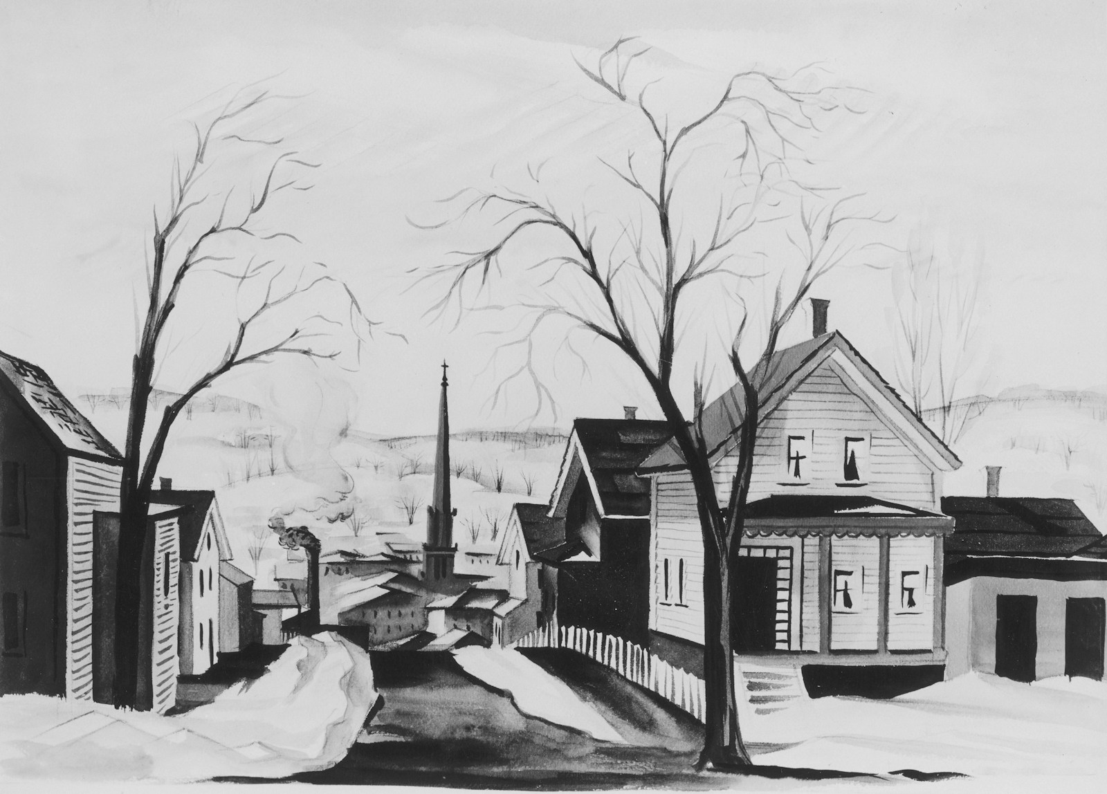 a black and white drawing of a winter scene